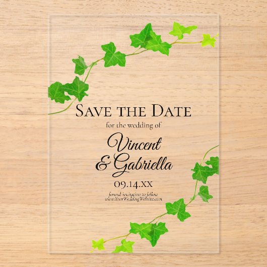 Grünes Englisch Ivy Vine Wedding Save the Date Acryleinladungen (Vorderseite)