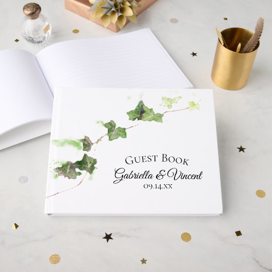 Grünes Englisch Ivy Vines Watercolor Hochzeit Gästebuch (Vorderseite Offen)