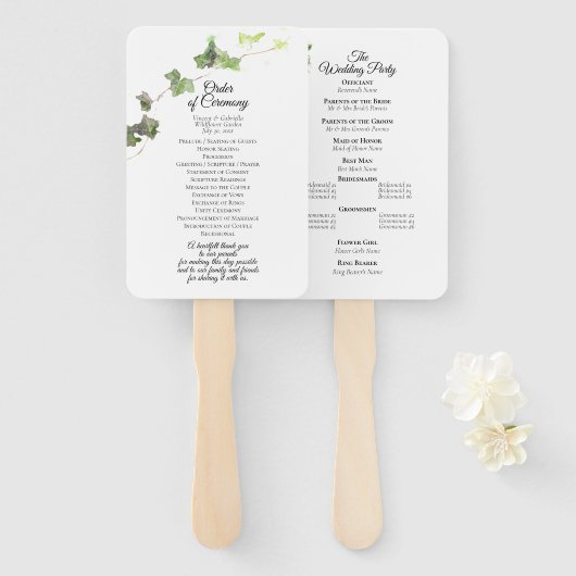 Grünes englisches Hochzeitsprogramm Ivy Watercolor Fächer (Vorne und Hinten)