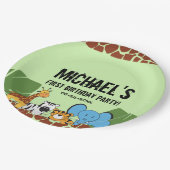 Grünes Erstes Geburtstagsjunges Safari-Thema Pappteller (Schrägansicht)