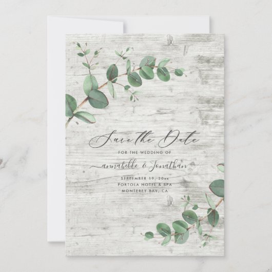 Grünes Eukalyptus-Blattweißes Blattholz Save The Date (Vorderseite)