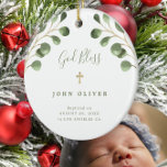 Grünes Eukalyptus foliage Baby Taufe Foto Keramik Ornament<br><div class="desc">Watercolor eucalyptus greenery leaves and a ordy handwritten style calligraphy script making a beautiful boy or girl baptism personalized Christmas keepsake white tree ornament.</div>