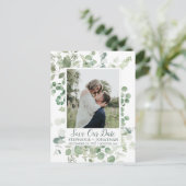 Grünes Eukalyptus-Foto Save the Date Postkarten (Stehend Vorderseite)
