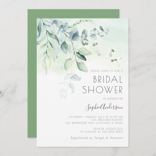 Grünes Eukalyptus Grünes Brautparty Einladung (Vorne/Hinten)