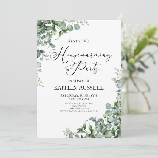 Grünes Eukalyptus-Party Einladung (Stehend Vorderseite)