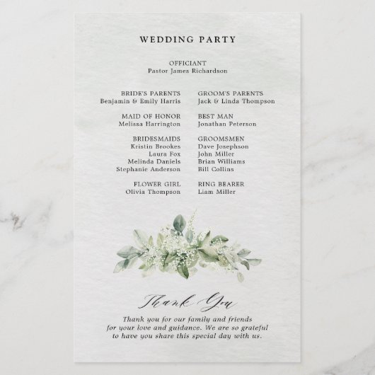 Grünes Eukalyptus-Programm für botanische Hochzeit (Rückseite)