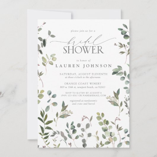 Grünes Eukalyptus-Wasserfarben-Brautparty Einladung (Vorderseite)