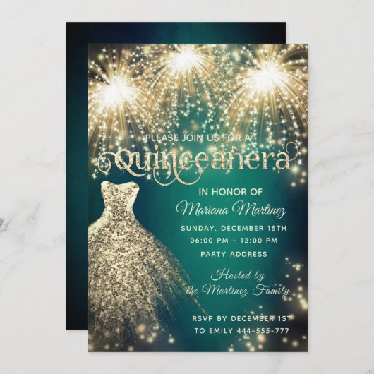 Grünes extravagantes Feuerwerk Goldglanzkleid Einladung (Vorne/Hinten)