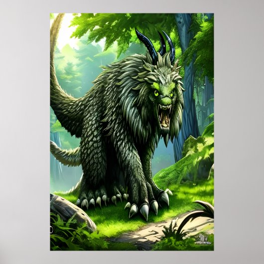 Grünes Fantasy-Biest im Wald | AI Art Poster (Vorne)