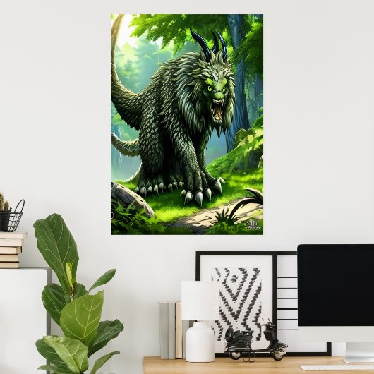Grünes Fantasy-Biest im Wald | AI Art Poster (Heimbüro)