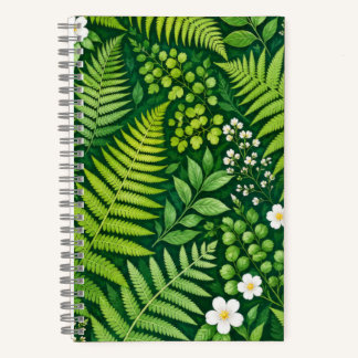 Grünes Farn- und weißes Blumen-Botanik-Notizbuch Notizblock