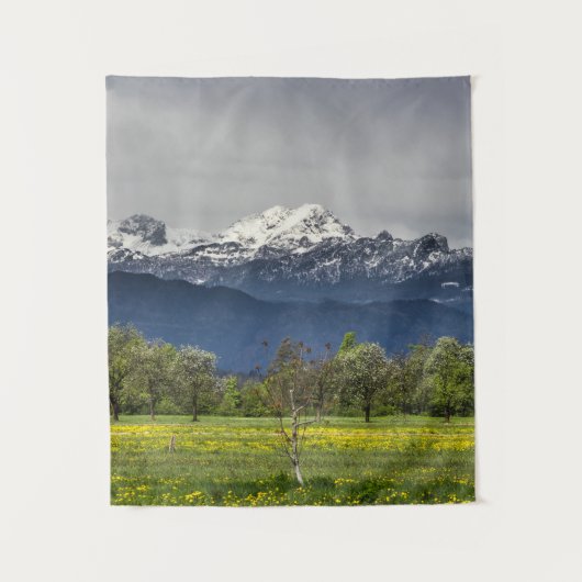 Grünes Feld mit schneebedeckten Alpen Wandteppich (Vorderseite)