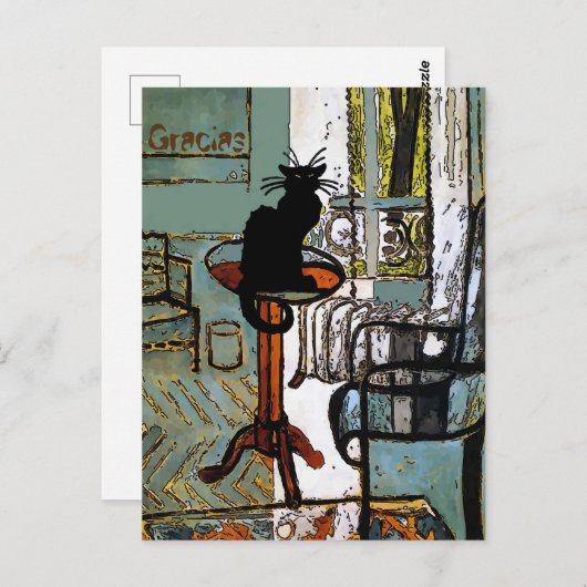 Grünes Fenster mit schwarzer Katze, Gracias, Text Postkarte (Vorne/Hinten)