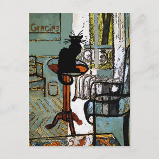 Grünes Fenster mit schwarzer Katze, Gracias, Text  Postkarte