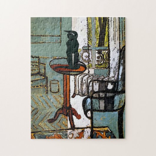 Grünes Fenster, schwarze Katze Puzzle (Vertikal)