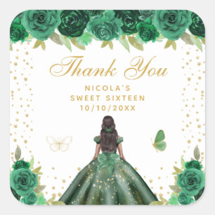 Grünes Florales Dunkle Haut Prinzessin Sweet Sixte Quadratischer Aufkleber