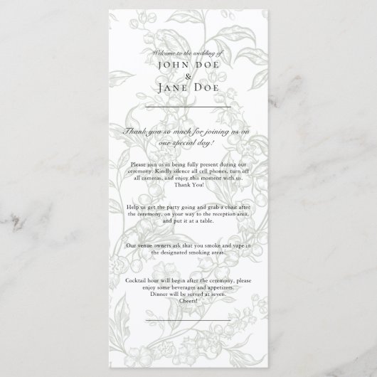 Grünes florales Hochzeitsprogramm Programm (Vorderseite)