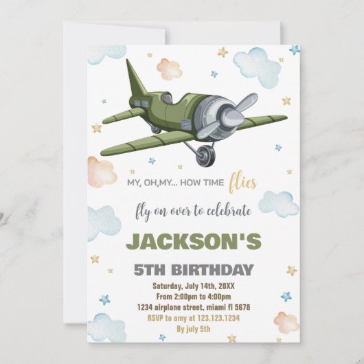 Grünes Flugzeug - Einladungen zum Geburtstag (Vorderseite)