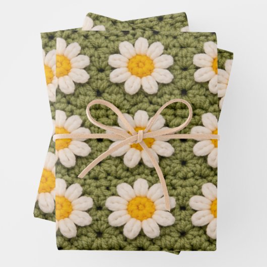 Grünes Gänseblümchen-Omas-Quadrat-Häkelmuster Flor Geschenkpapier Set (Beispiel)