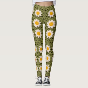 Grünes Gänseblümchen-Omas-Quadrat-Häkelmuster Flor Leggings