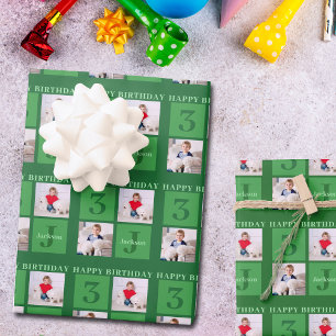 Grünes Geburtstagsfoto Collage Personalisierte Kin Geschenkpapier Set