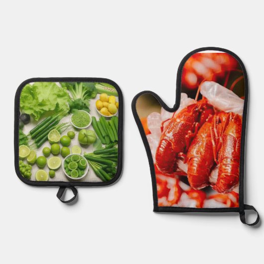 Grünes Gemüse und würzige Langusten Ofenhandschuh & Topflappen-Set (Vorderseite)