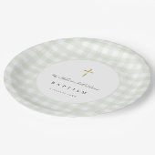 Grünes Gingham-Babytaufe-Papier  Pappteller (Schrägansicht)