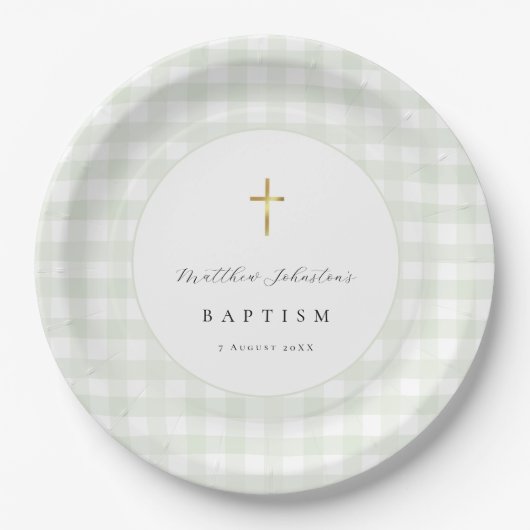 Grünes Gingham-Babytaufe-Papier  Pappteller (Vorderseite)