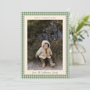 Grünes Gingham Frohes Erntedankfest Familienfoto Feiertagskarte
