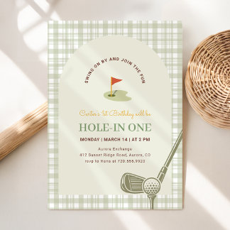 Grünes Gingham Hole in One Golf Erster Geburtstag Einladung