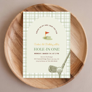 Grünes Gingham Hole in One Kinder-Golf zum ersten Einladung
