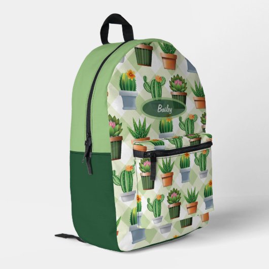 Grünes Gingham-Kaktusmuster Bedruckter Rucksack (Rückseitige Ecke links)