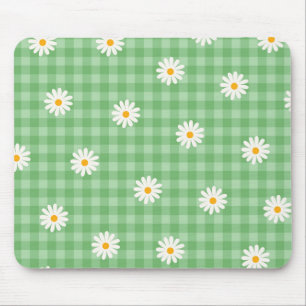 Grünes Gingham-Karo-Blumenmuster mit Gänseblümchen Mousepad