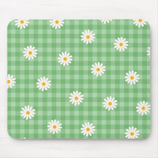 Grünes Gingham-Karo-Blumenmuster mit Gänseblümchen Mousepad (Vorne)