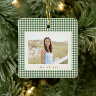Grünes Gingham-Karo-Foto-Abschluss Weihnachten Keramikornament