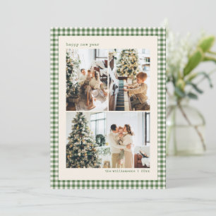 Grünes Gingham-Karo Frohes Neues Jahr Familienfoto Feiertagskarte