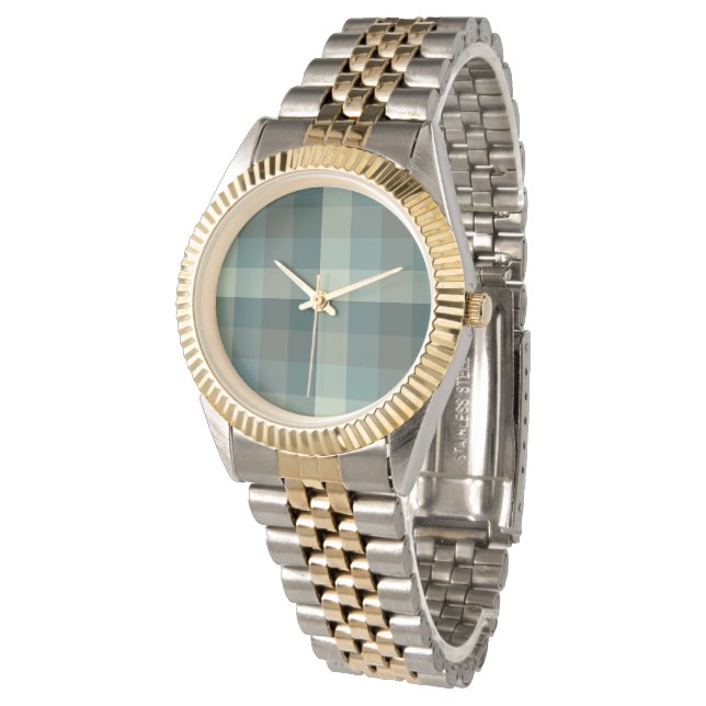 Grünes Gingham-Karo-Muster Design  Armbanduhr (Schrägansicht)