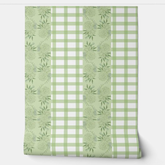 Grünes Gingham und florales Motif-Wallpaper Tapete (Abrollen)