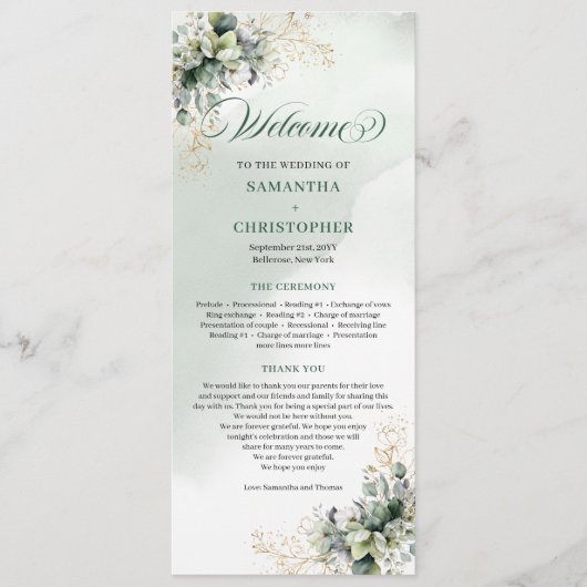 Grünes Gold Aquarell Hochzeitsprogramm Programm (Vorderseite)