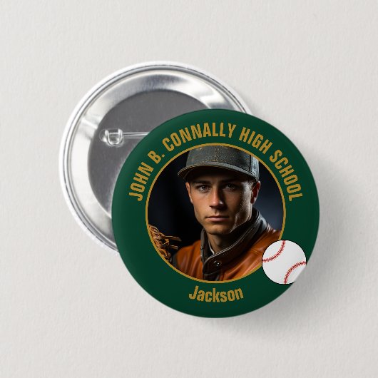 Grünes Gold Baseballspieler-Foto High School Button (Vorne & Hinten)
