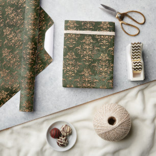 Grünes Gold Damast Elegant Rustikale Feiertage Geschenkpapier