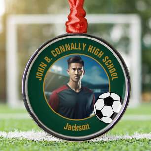 Grünes Gold Fußballspieler Foto Weihnachten Ornament Aus Metall
