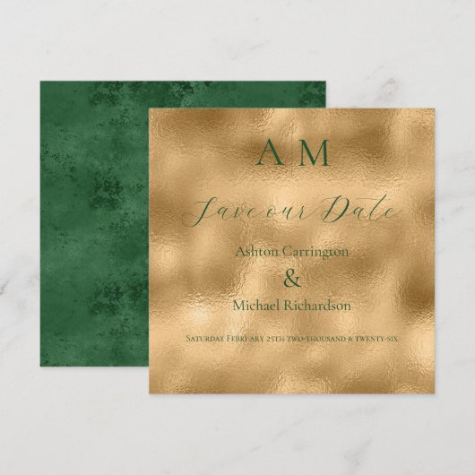 Grünes Gold Monogramm Moderne Hochzeit  Save The Date (Vorne/Hinten)