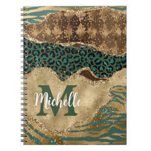 Grünes & Gold Safari-Tier Glitter Achat Monogramm Notizblock