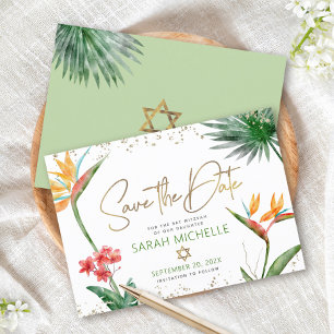 Grünes Gold Tropicales Bat Mitzvah Floral Palme Mo Save The Date