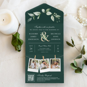 Grünes Gold Und-QR-Code Smaragd-Hochzeit All In One Einladung
