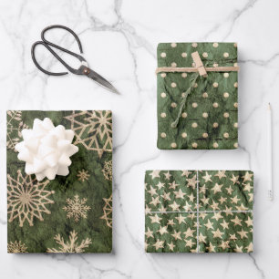 Grünes Gold Vintage Weihnachten Schneeflocken Ster Geschenkpapier Set