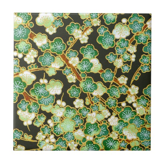 Grünes Goldblüte verzweigt sich Vintages Blumen Fliese (Vorderseite)