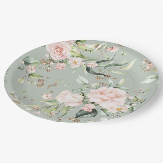 Grünes goldenes Blumenpapier Pappteller (Schrägansicht)