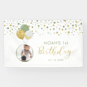 Grünes & Goldenes Luftballon 1. Geburtstagsfoto-Ba Banner